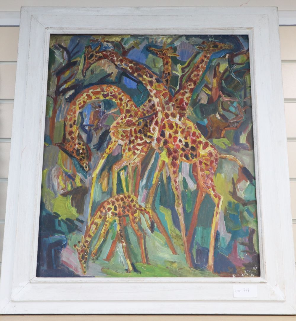 Henry Sanders (1918-1982), oil on board, Study of giraffes, signed and indistinctly dated, 60 x 50cm